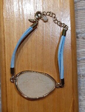 Gold Trim Yellow Druzy Stone Bracelet with Light Blue Suede Strap